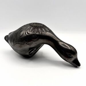 Mexican Folk Art Black Pottery Duck Figurine - Carved Design